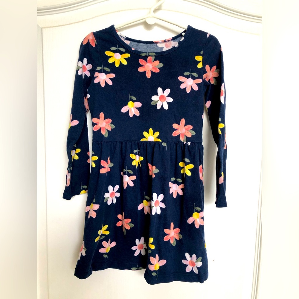 Little girl’s long sleeve flowered navy dress; super comfortable